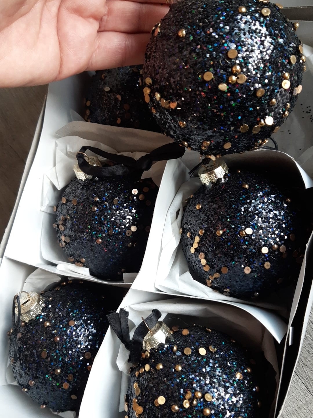 Vintage Decoris Black/Dark Blue Glitter Glass Ornaments with Brass Sequins
